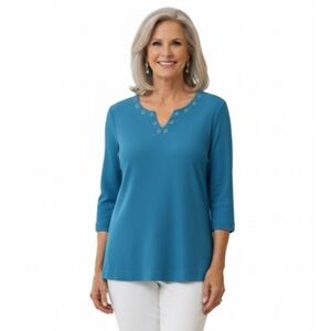 DRAPER’S & DAMON’S Textured Gold Grommets Top, Women’s PM, Turquoise Blue